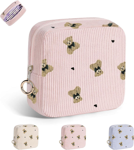 Cute Period Bag for Teen Girls, Bears Corduroy Sanitary Napkin Storage Bag, Menstrual Pad Pouch Tampon Holder for Purse (Pink)