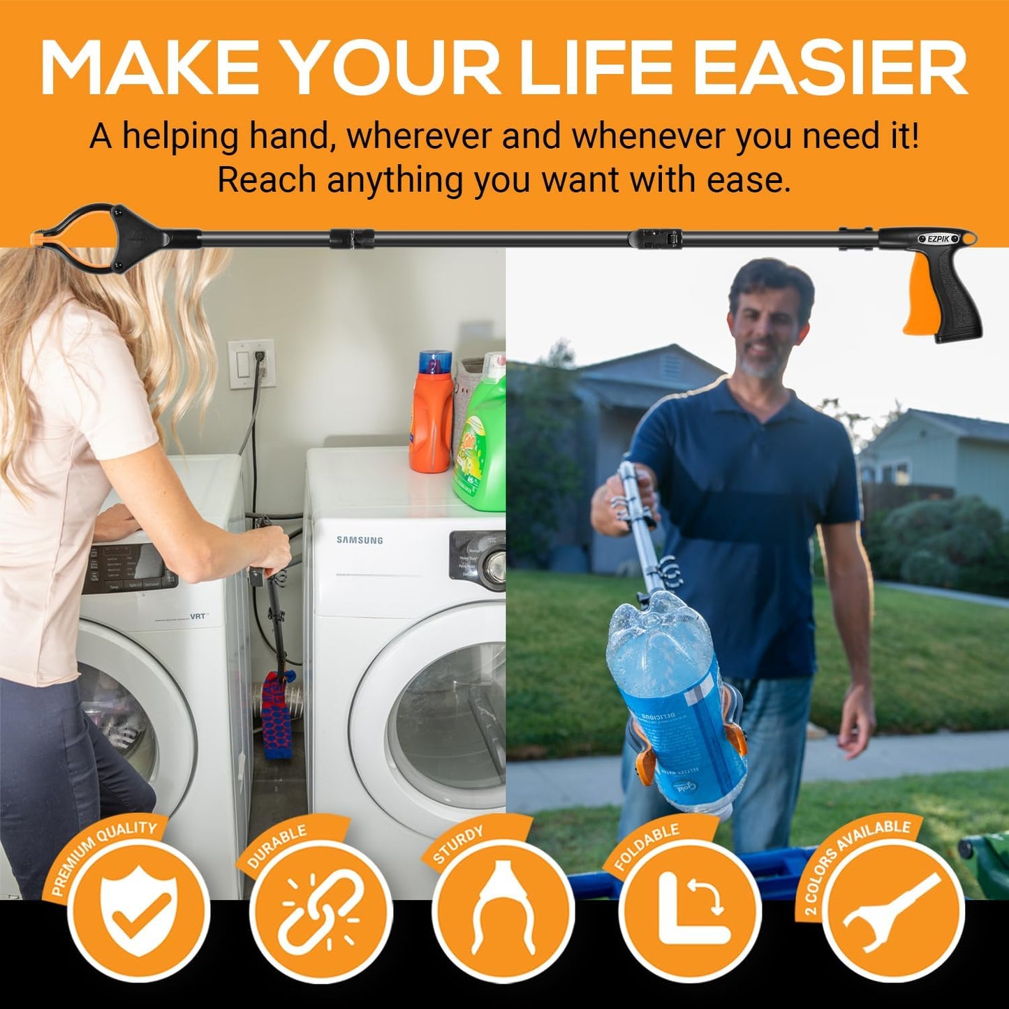 EZPIK 40" long extended grabber reacher tool for elderly - trash hand grabber pickup sticks for seniors - telescoping extension grabber claw pickup tool - hand extension magnetic folding grabber 2pack