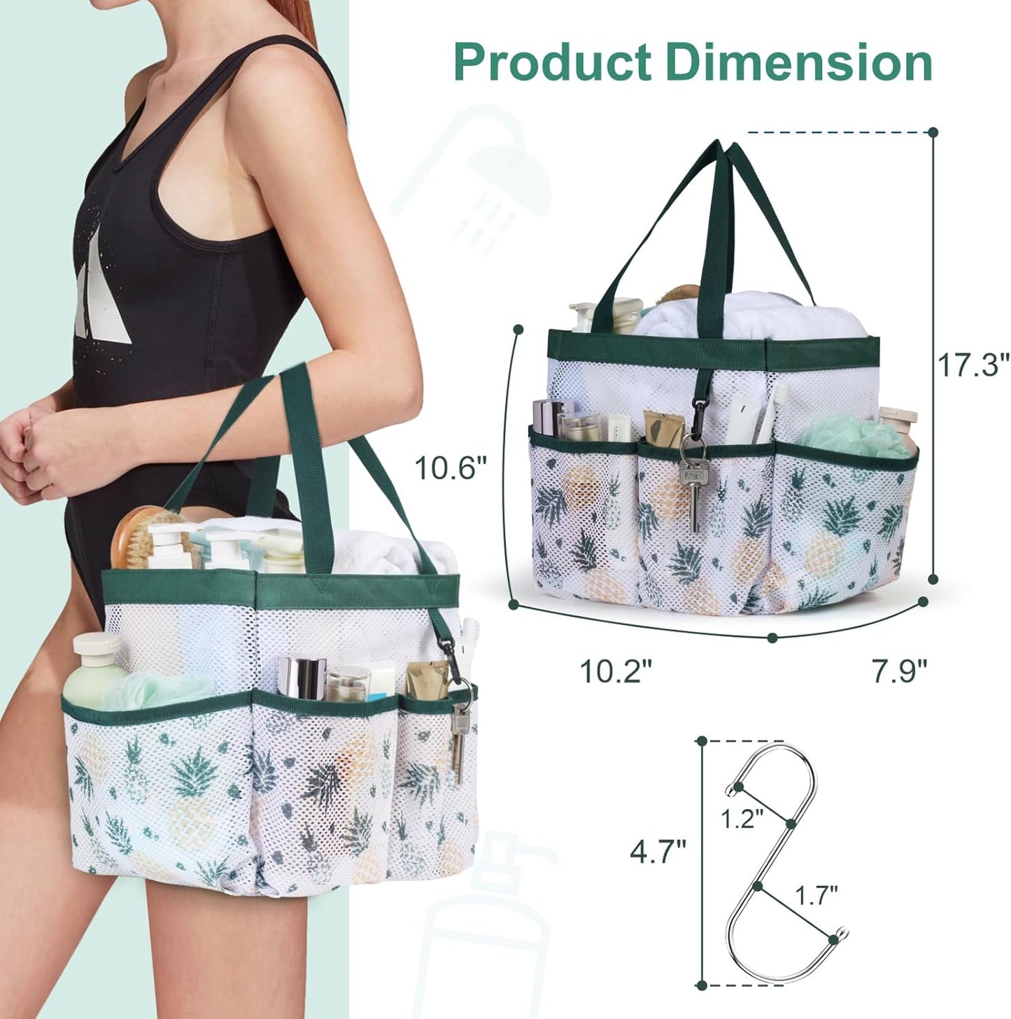 F-color Shower Caddy Portable - Mesh Shower Bag Basket Tote for College Dorm Room Essentials Bathroom Gym Camp Quick Dry for Women Men with S Hook, Green Pineapple