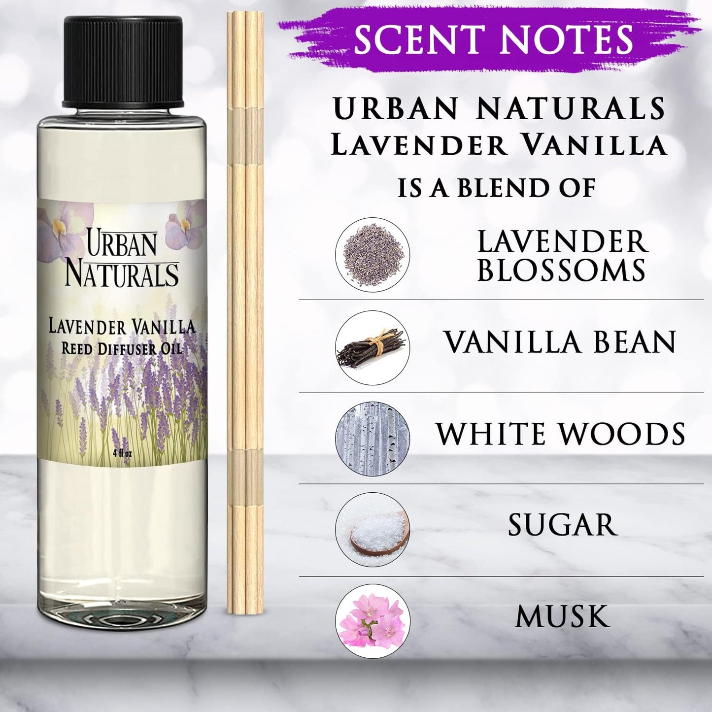 Urban Naturals Lavender Vanilla Scented Oil Reed Diffuser Refill | Includes a Free Set of Reed Sticks! Lavender Blossom, Creamy Vanilla, White Woods and Sugared Musk | 4 oz.