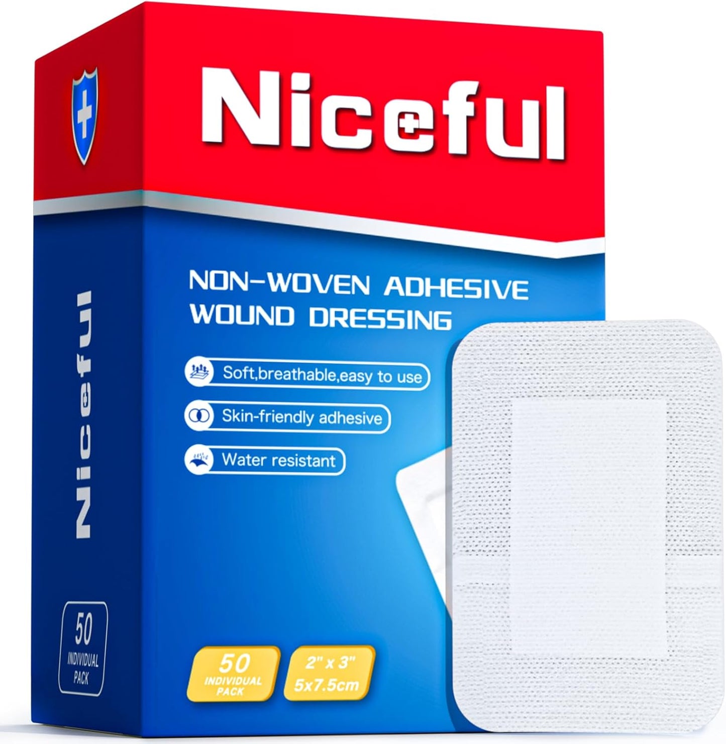 50Pcs Adhesive Gauze Island Dressing 2"x3", Water-Resistant Wound Dressing, Sterile & Absorbent Medical Grade Dressing Pad First Aid Dressing Pads