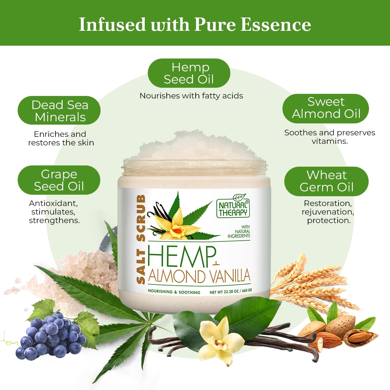 Natural Therapy Hemp & Almond Vanilla Salt Scrub – Exfoliating Body Scrub for Women – Moisturizing and Nourishing Skin – with Pure Oils and Dead Sea Minerals (23.28 Oz)