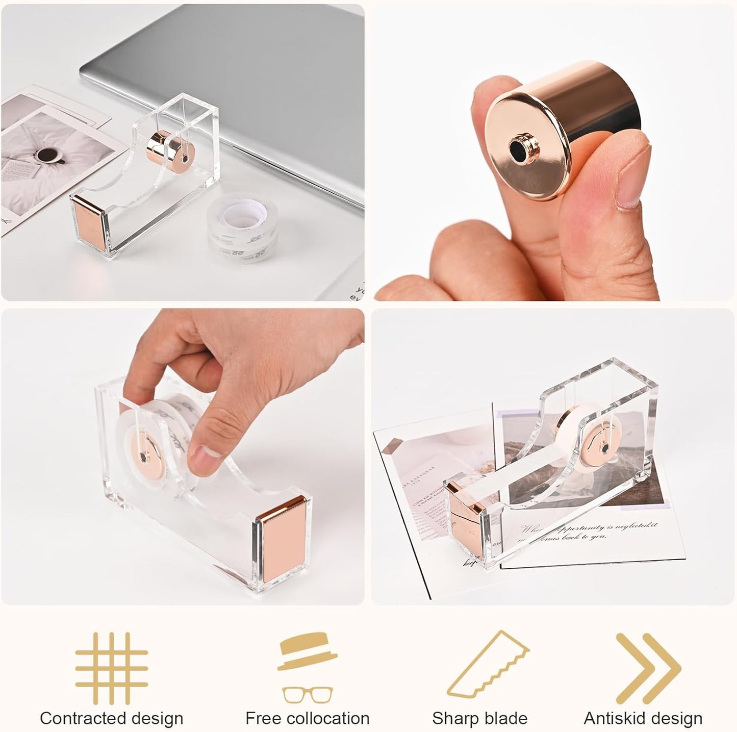 Modern Acrylic Tape Dispenser, Heavy Duty Tape Dispenser with Non-Slip Bace, Single Hand Dispensing Clear Sticker Organizer Perfect for Office, Home, School-Rose Gold
