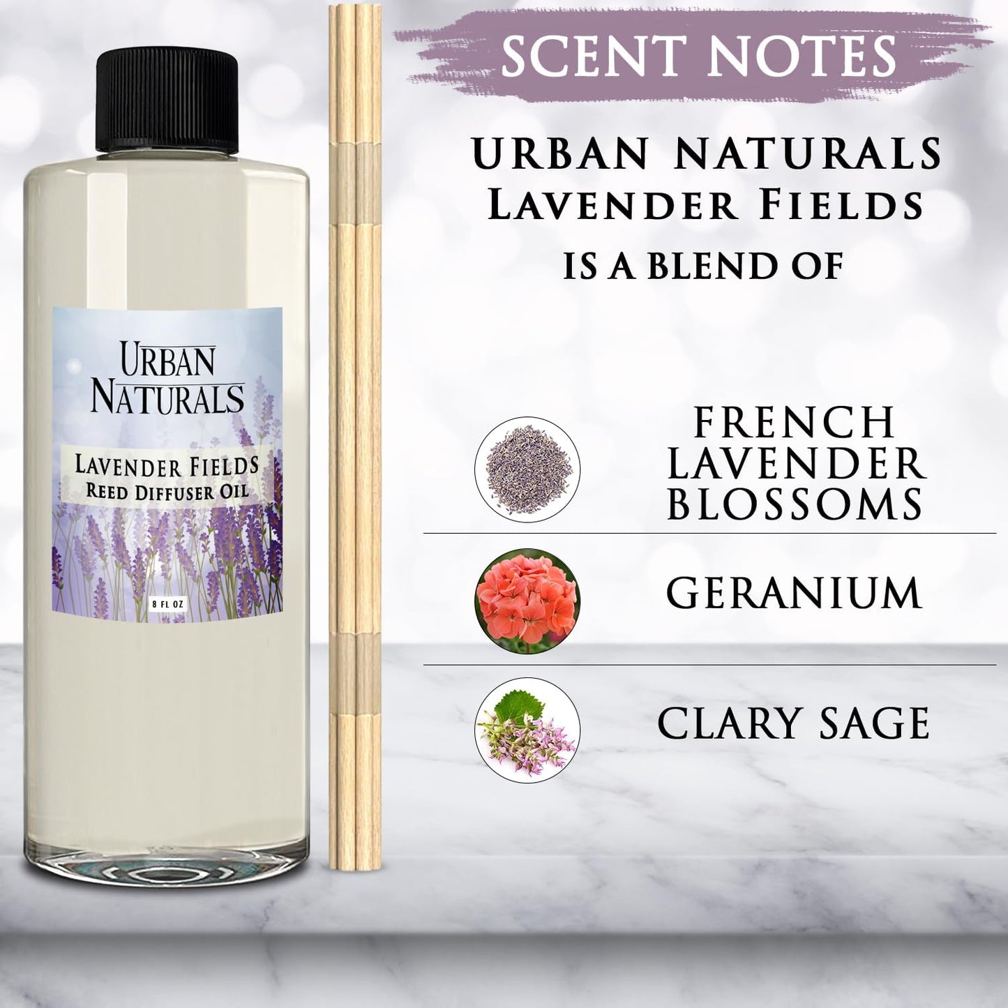 Urban Naturals Reed Diffuser Oil Refill Lavender Fields with Geranium, Clary Sage, Soft Florals 8 oz + Free Reed Sticks, Made in The USA