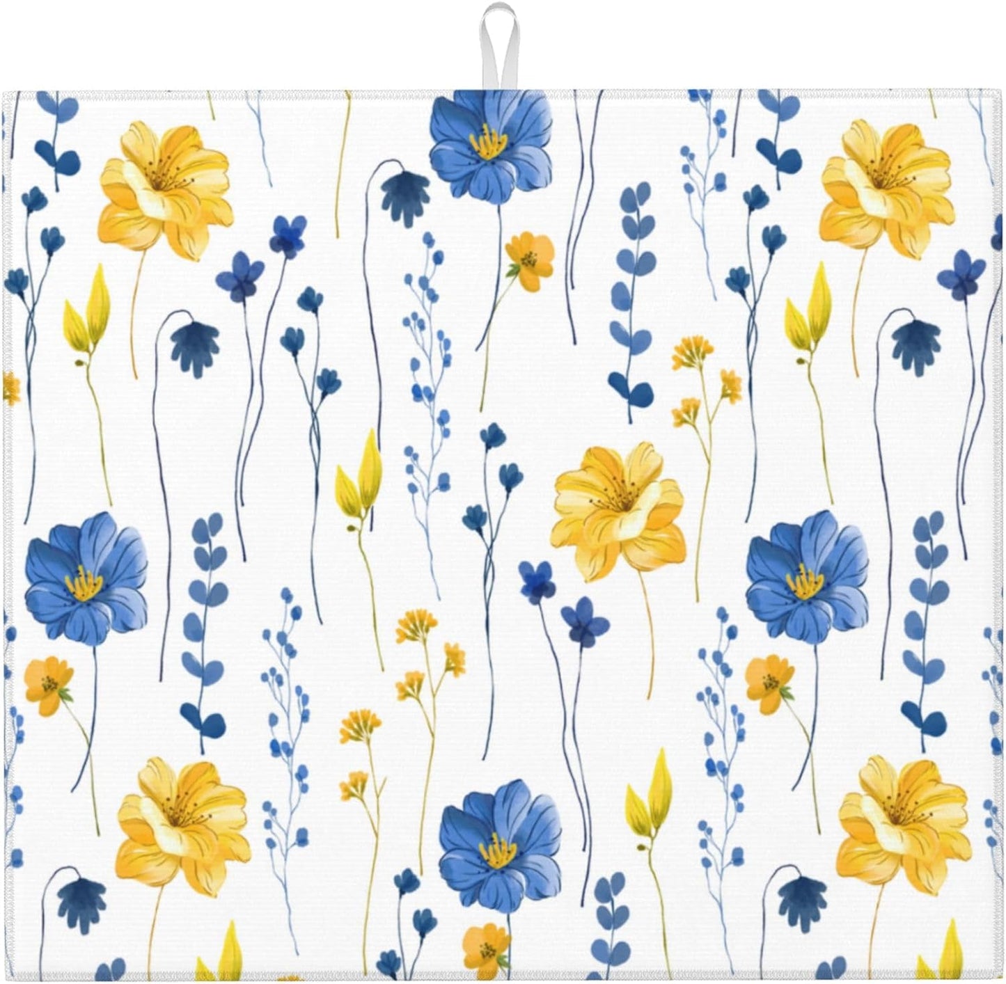 Navy Blue Yellow Flower Dish Drying Mat for Kitchen Counter Watercolor Floral Decorative Dish Drainer Rack Mats 16"x18" Absorbent Reversible Drying Pad