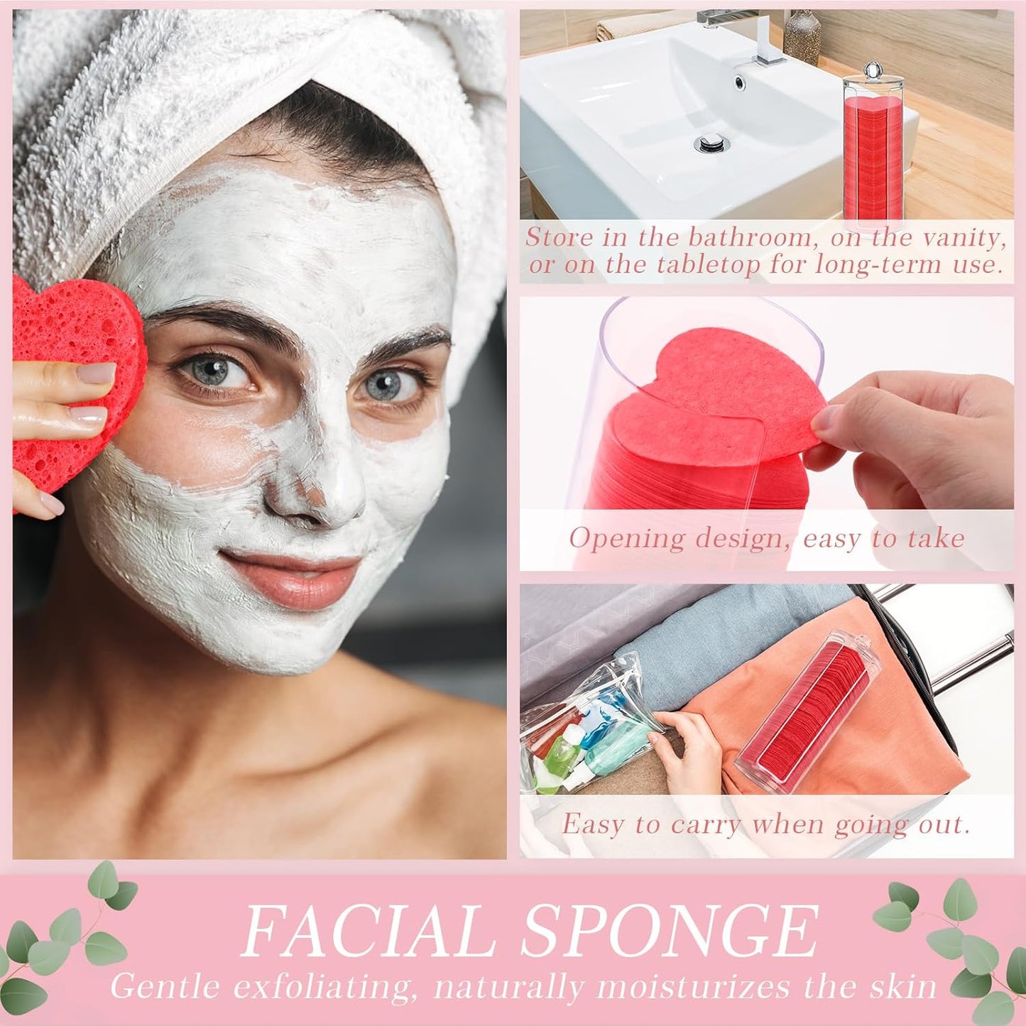 Sieral 120 Pcs Compressed Facial Sponges with Container Disposable Face Sponge Pads for Washing Face Cleansing Exfoliating Esthetician Makeup Removal(Heart,Red)