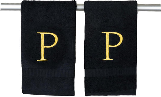 Black Monogrammed Hand Towel for Bathroom - Initial Hotel Quality Decorative Embroidered Luxury Towel for Powder Room, Spa - GOTS Organic Certified - Pack of 2, Letter P