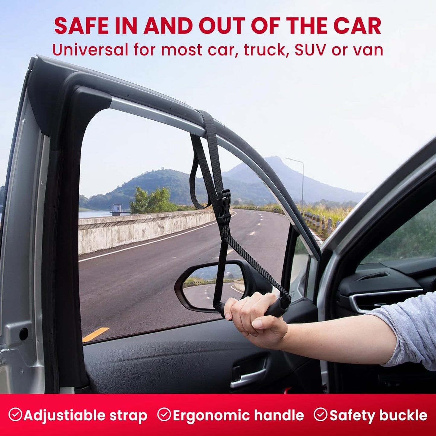Car Door Handle for Elderly: Portable Car Assist Handle for Elderly & Seniors & Handicap - Auto Multifunction Armrest Portable Bar (1Pack Red and 2Pack Straps)