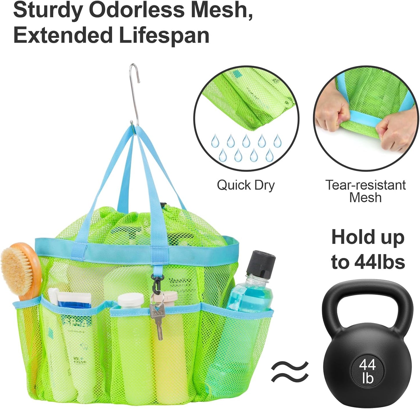 F-color Mesh Shower Caddy Portable with Drawstring - Upgrade Deeper 7 Pockets Dorm Room Essentials for Guys Girls with S Hook, Shower Bag Basket Tote for College Camping Toiletry Bathroom, Green