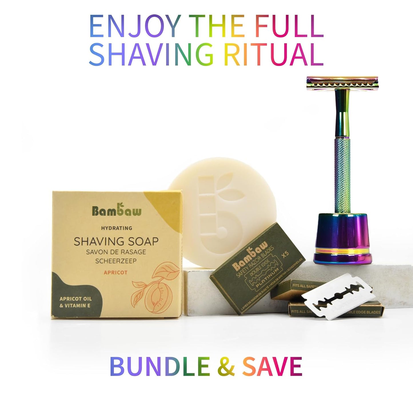 Bambaw Double Edge Safety Razor with 5 Safety Razor Blades, Women & Men’s Safety Shaving Razor, Reusable Razor, Plastic Free – Rainbow