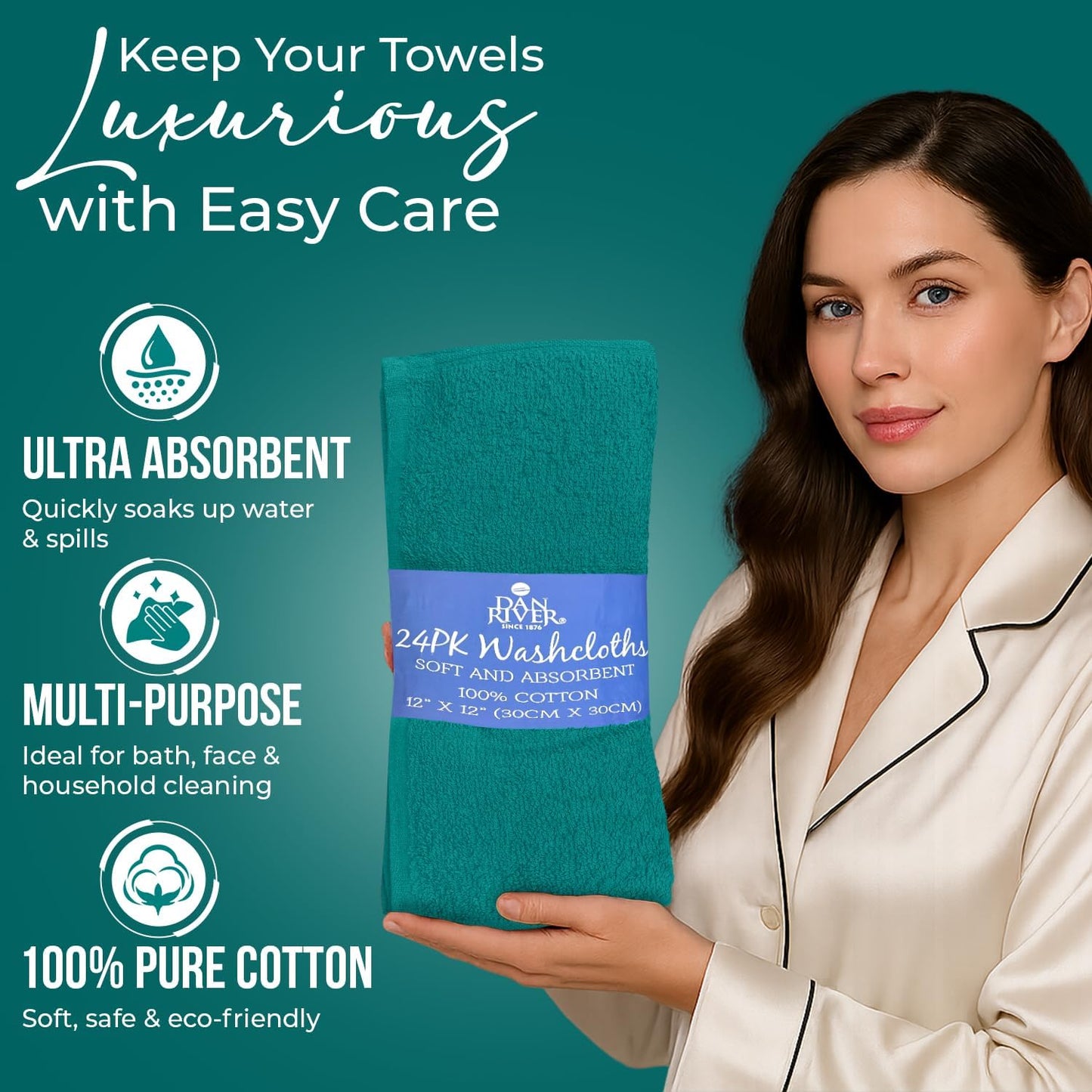 DAN RIVER 100% Cotton Wash Cloths 24 Pack [12x12] Soft & Absorbent Soft face Towels, Gym, Hotels & Spa Perfect for Everyday Use Fingertip Towels, Teal