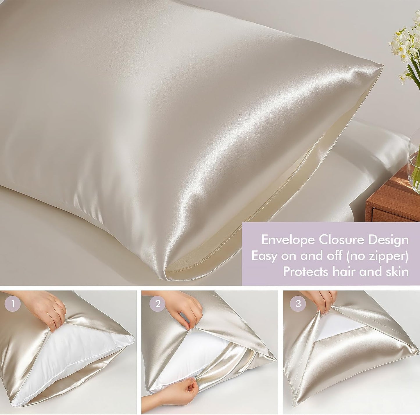 Vegan Silk Sleep Set, Vegan Silk Pillowcase with Large Scrunchie and Eye Mask for Hair and Skin, Self Care Essential Satin Night Routine Kit (Champagne Color)