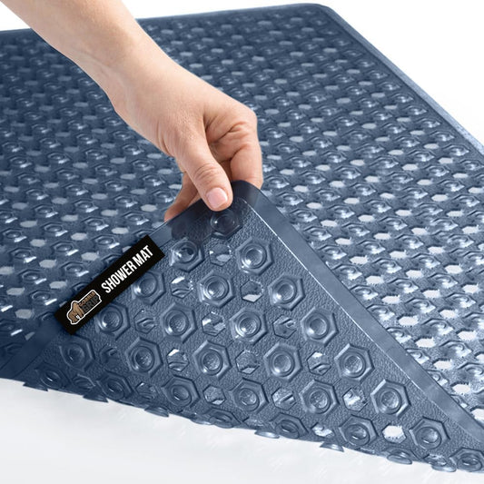 GORILLA GRIP Patented Bath Tub Shower Mat, Machine Washable Bathtub Floor Liner Mats, Suction Cups and Drain Holes to Keep Tubs Clean, Soft on Feet, Bathroom Essentials, 35x16 Inch, Clear Navy