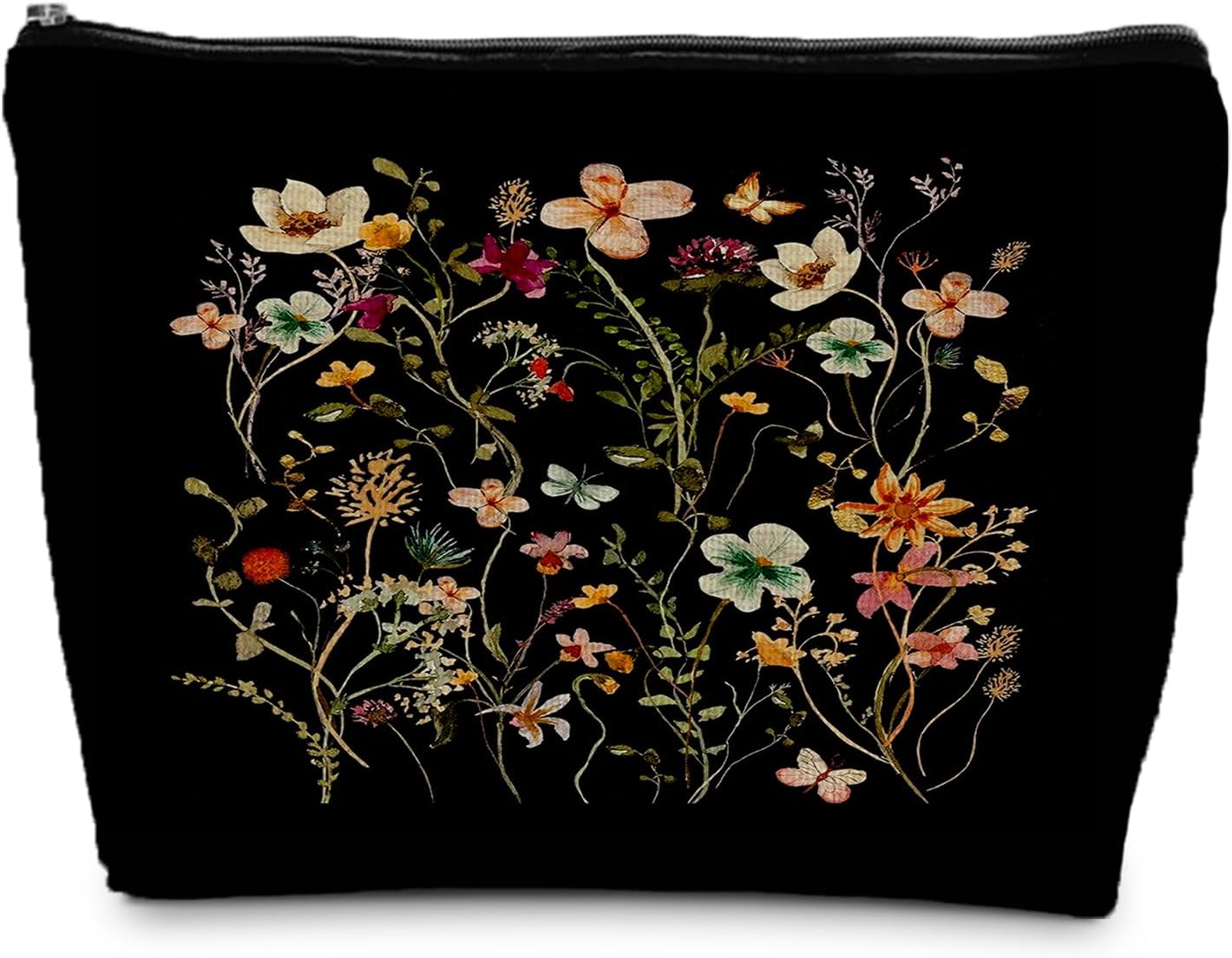 Black Floral Makeup Bag - Small Flower Zipper Cosmetic Bag for Women & Girls