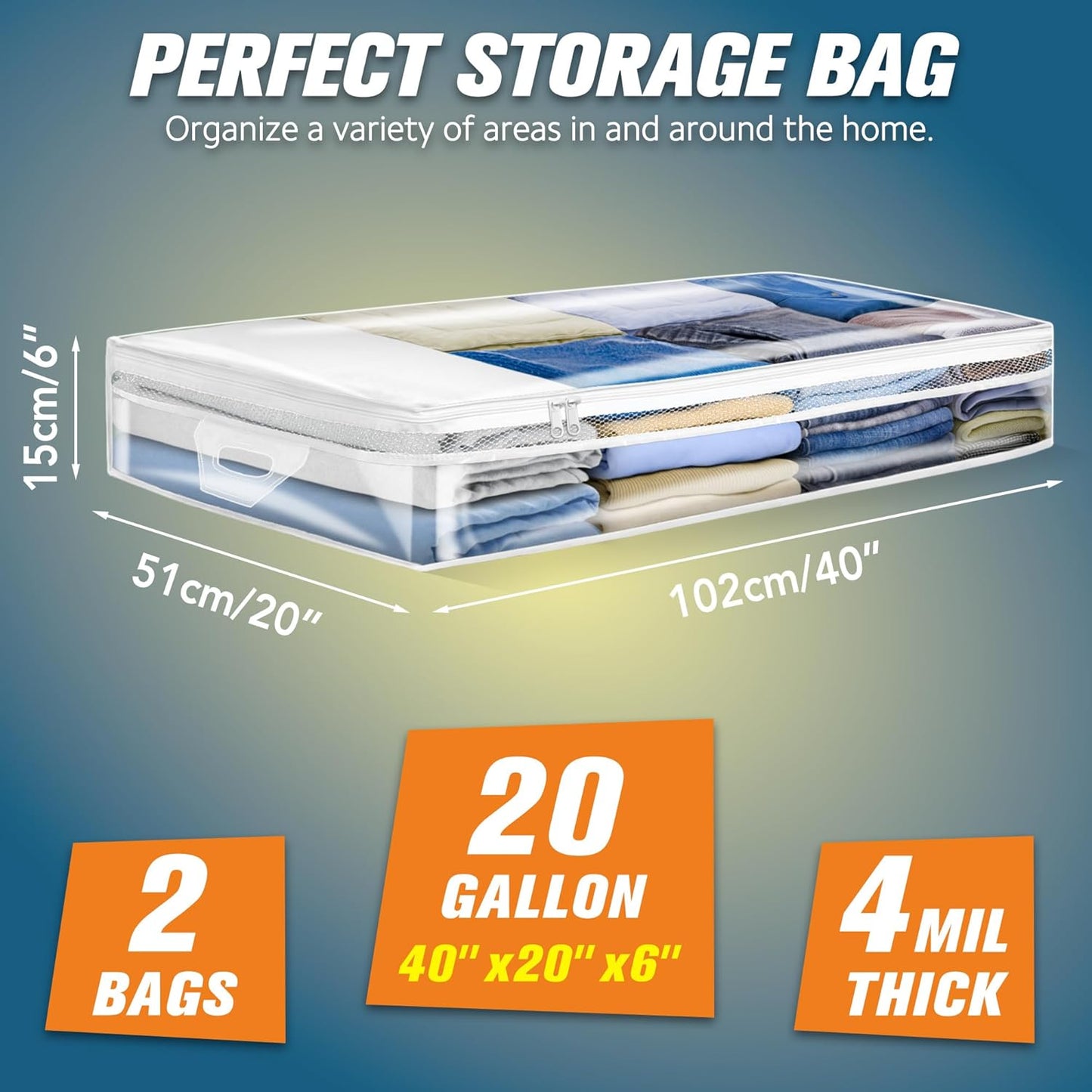 HIBAG 20 Gallon Under Bed Storage Containers, Underbed Clothing Storage Bins, Clear Plastic Organizer with Reinforced Handles, for Clothes Comforters Blankets Towels Pillows Bedding (2 Pack)