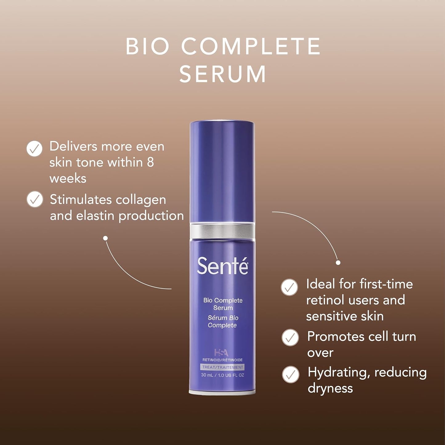 Senté Bio Complete Serum | Retinoid Serum for Sensitive Skin | Gentle, Nourishing & ﻿Hydrating | Combats Dull and Aging Skin | 1.0 Fl Oz