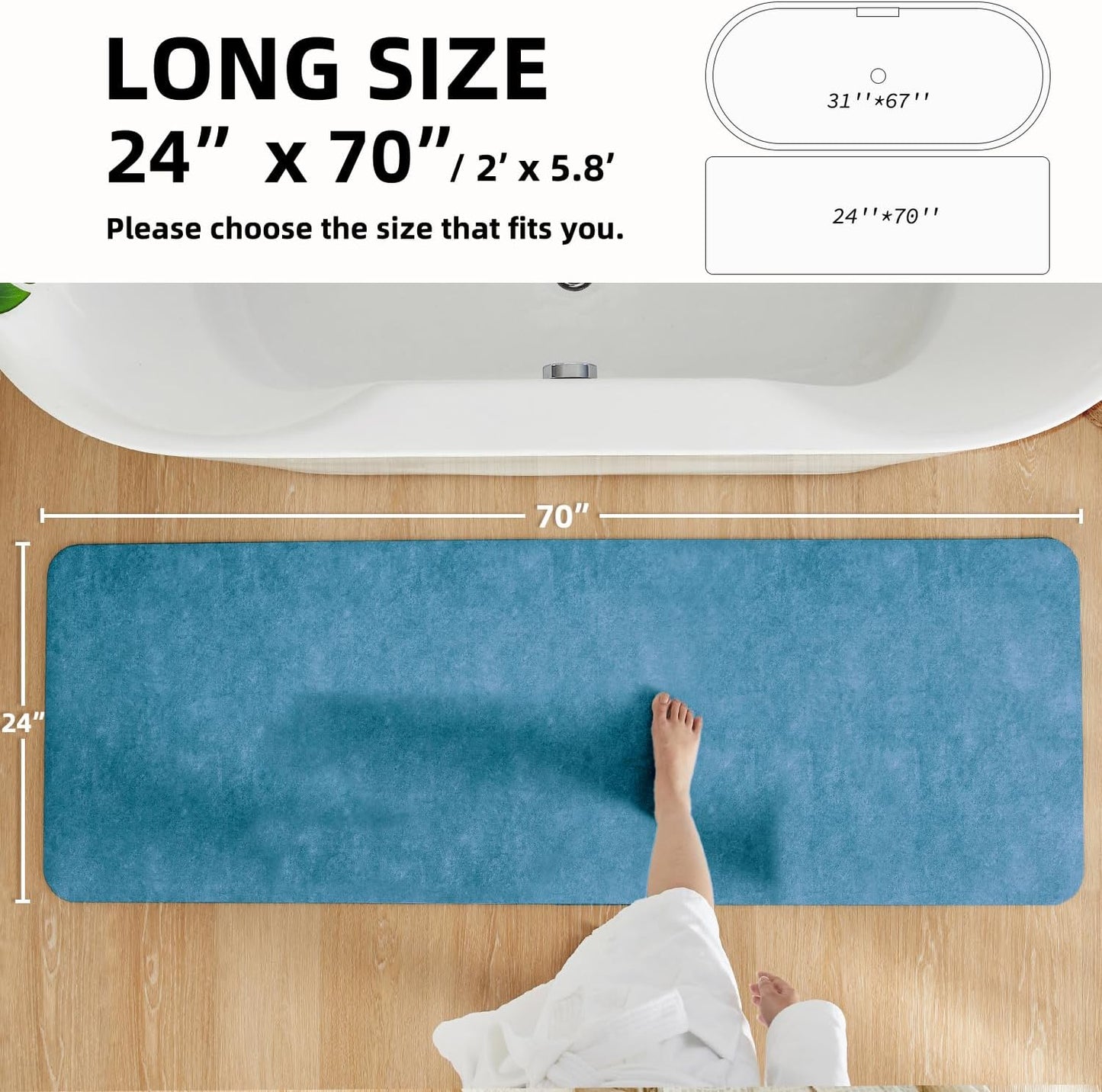 Bathroom Mat Quick Dry, Bathroom Rugs Non Slip Washable Thin Absorbent Bath Mat Fits Under Door Bathroom Floor Mat Perfect for Bath, Shower, or Sink 24"x70" Denim Blue