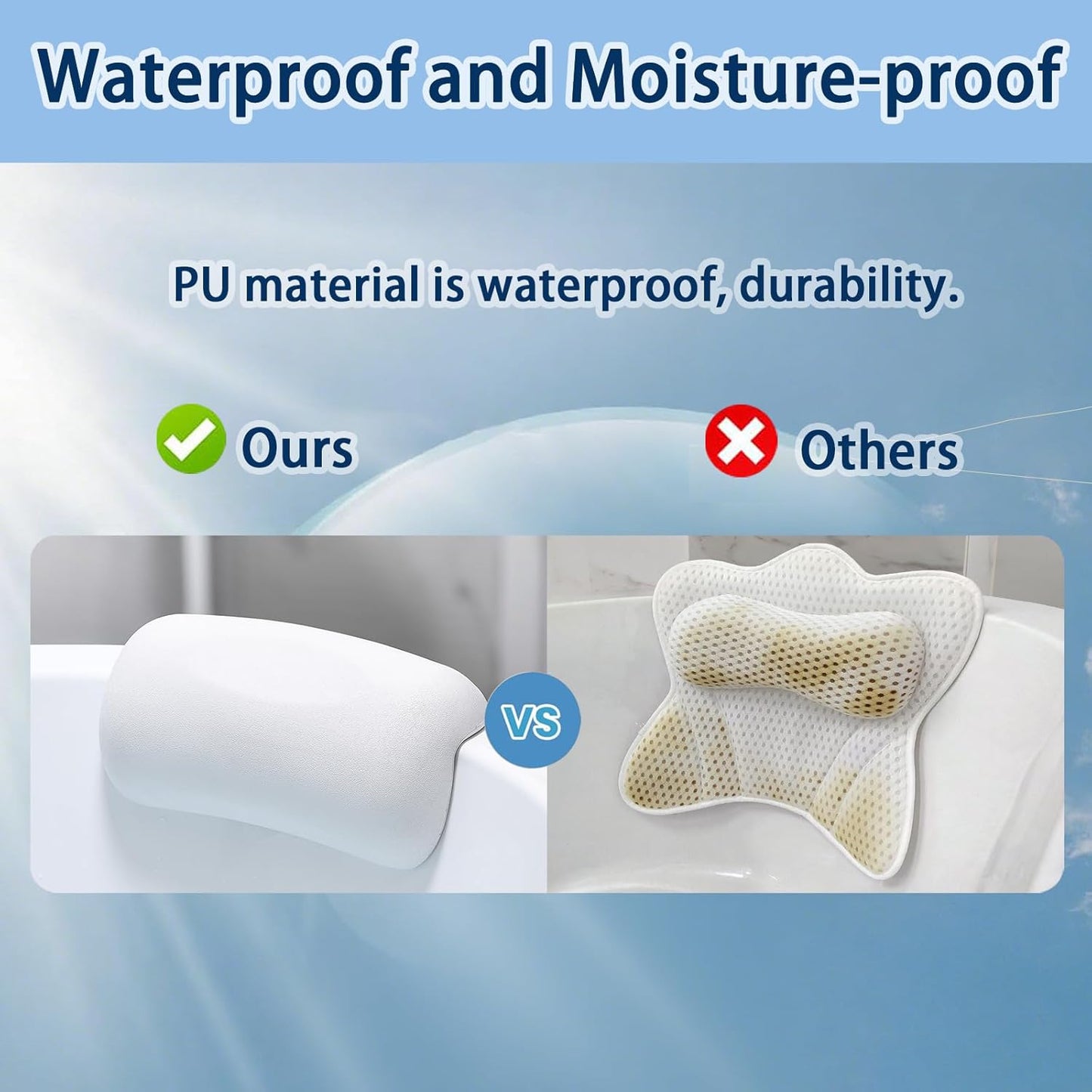 Bath Pillow Bathtub Pillow, Bath Pillows for Tub Head and Neck Support, Waterproof Bath Tub Pillows with Strong Non-Slip Suction Cups, Relaxing Bath Accessories for Soaking, Spa White