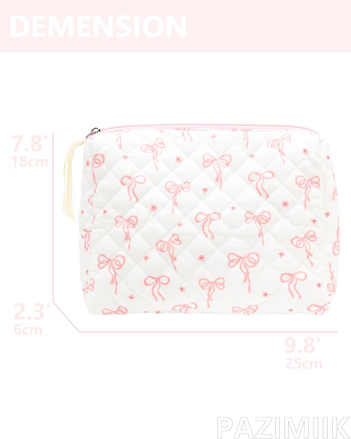 Quilted Makeup Bag Large Travel Zipper Soft Cosmetic Pouch for Women Girls Make Up,Bow Pink