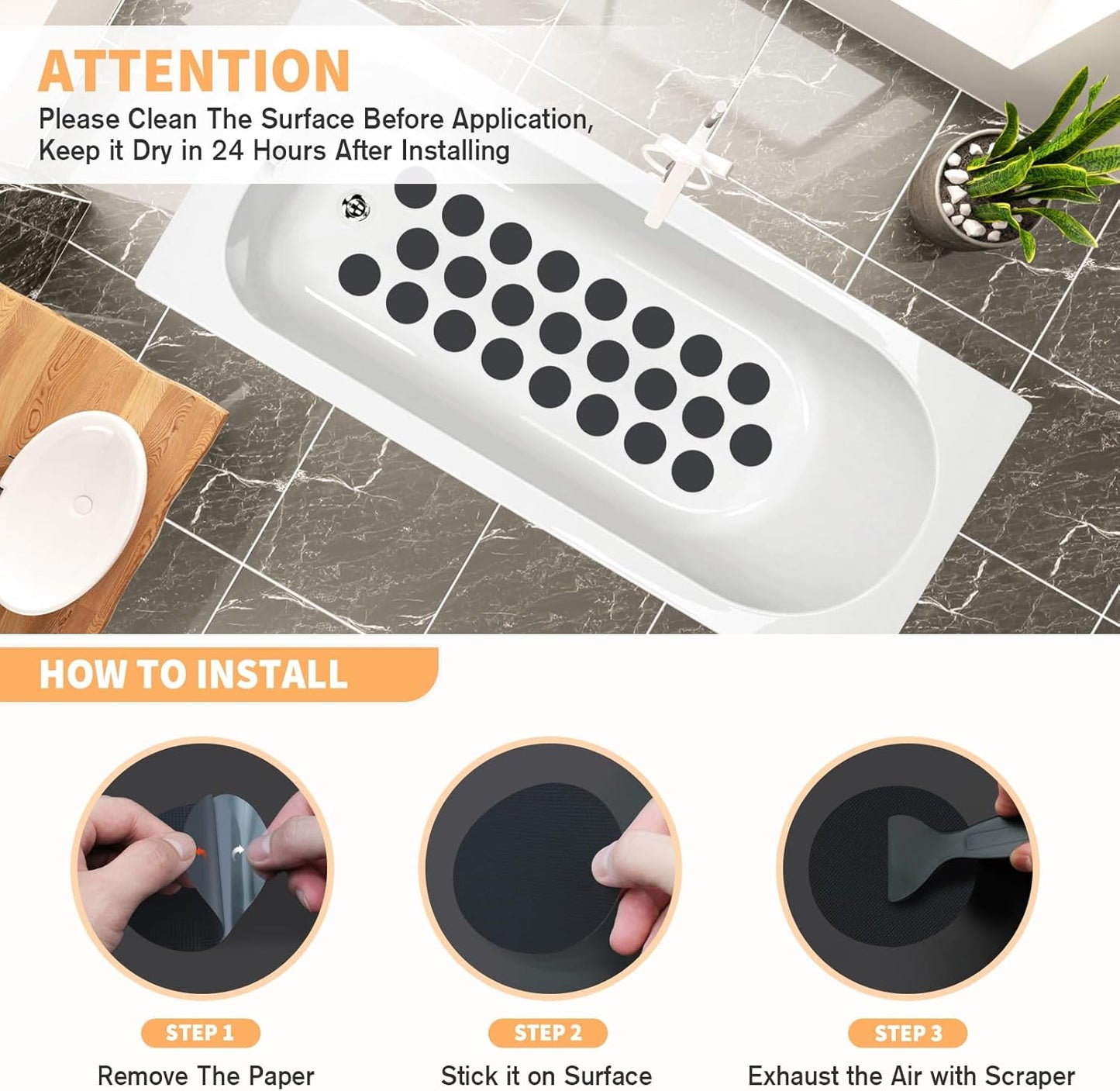 Non Slip Bathtub Stickers, 24 PCS Shower Stickers for Safety Bathroom Tubs, Bathtub Non Slip Stickers and Adhesive Decals Scraper for Bath Tub, Shower Floor, Stairs, Ladders(Round Shape,Black)