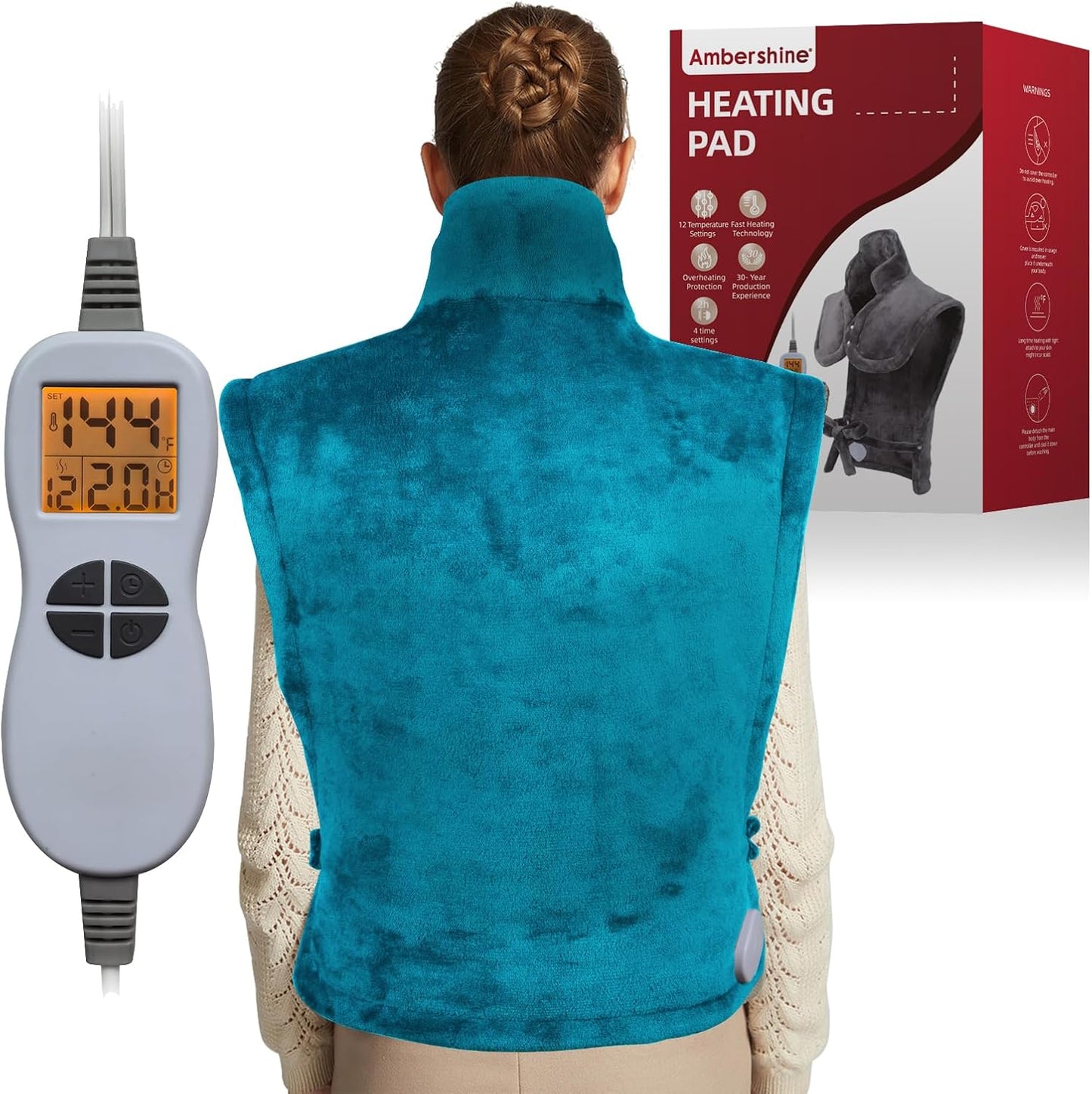 Ambershine 26"x35" XXXL King Size Neck& Shoulder& Back Heating Pad with 12 Temperature Settings& 4 Auto-Off Countdown Timers, Pain Relief for Back/Neck/Shoulder, Christmas gift for mom dad(Light Teal)