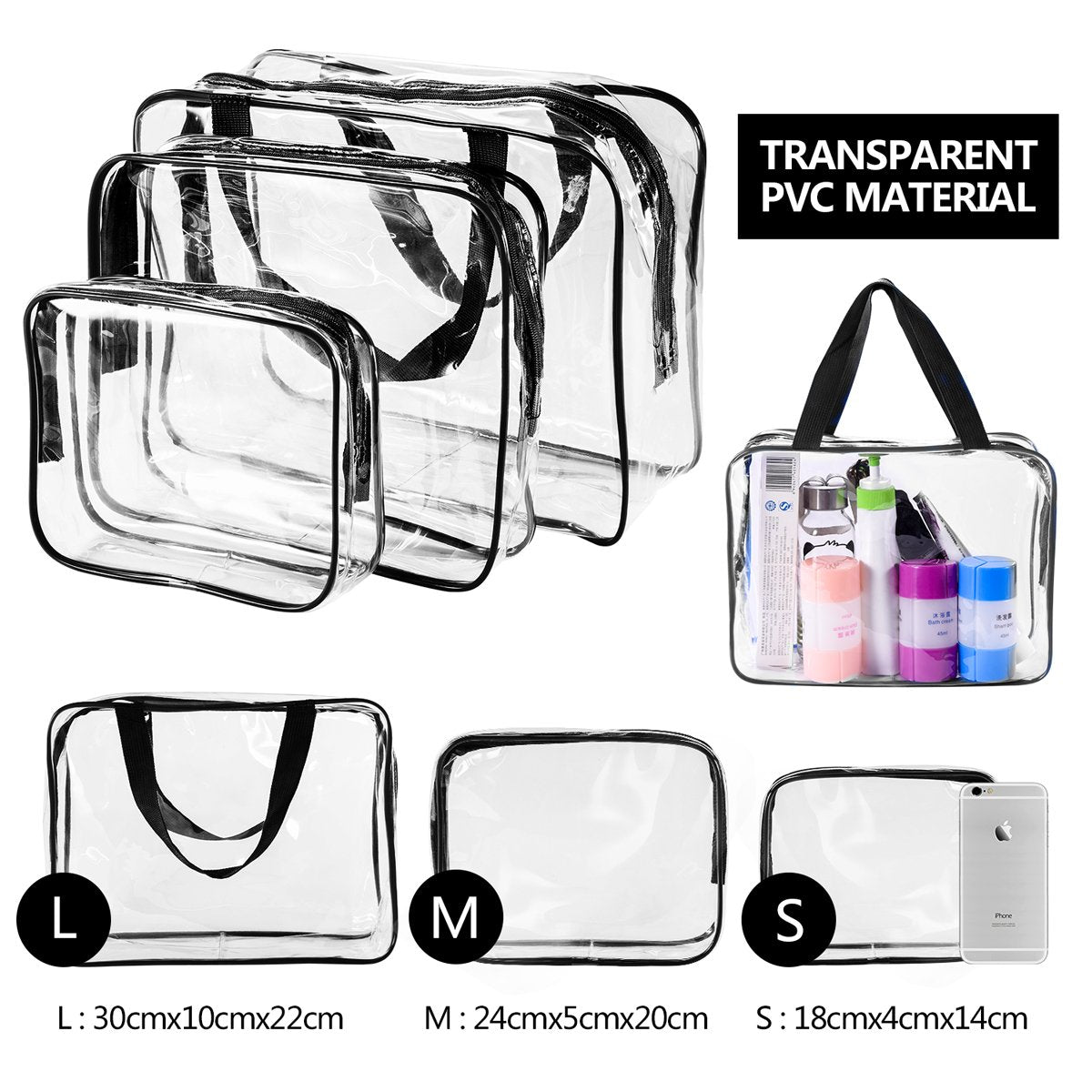 3Pcs Crystal Clear PVC Travel Toiletry Bag Kit for Women Men, Waterproof Vinyl Organizer Makeup Bags with Zipper Handle Straps, Cosmetic Bag Pouch Carry on Airport Airline Compliant Bag Handbag