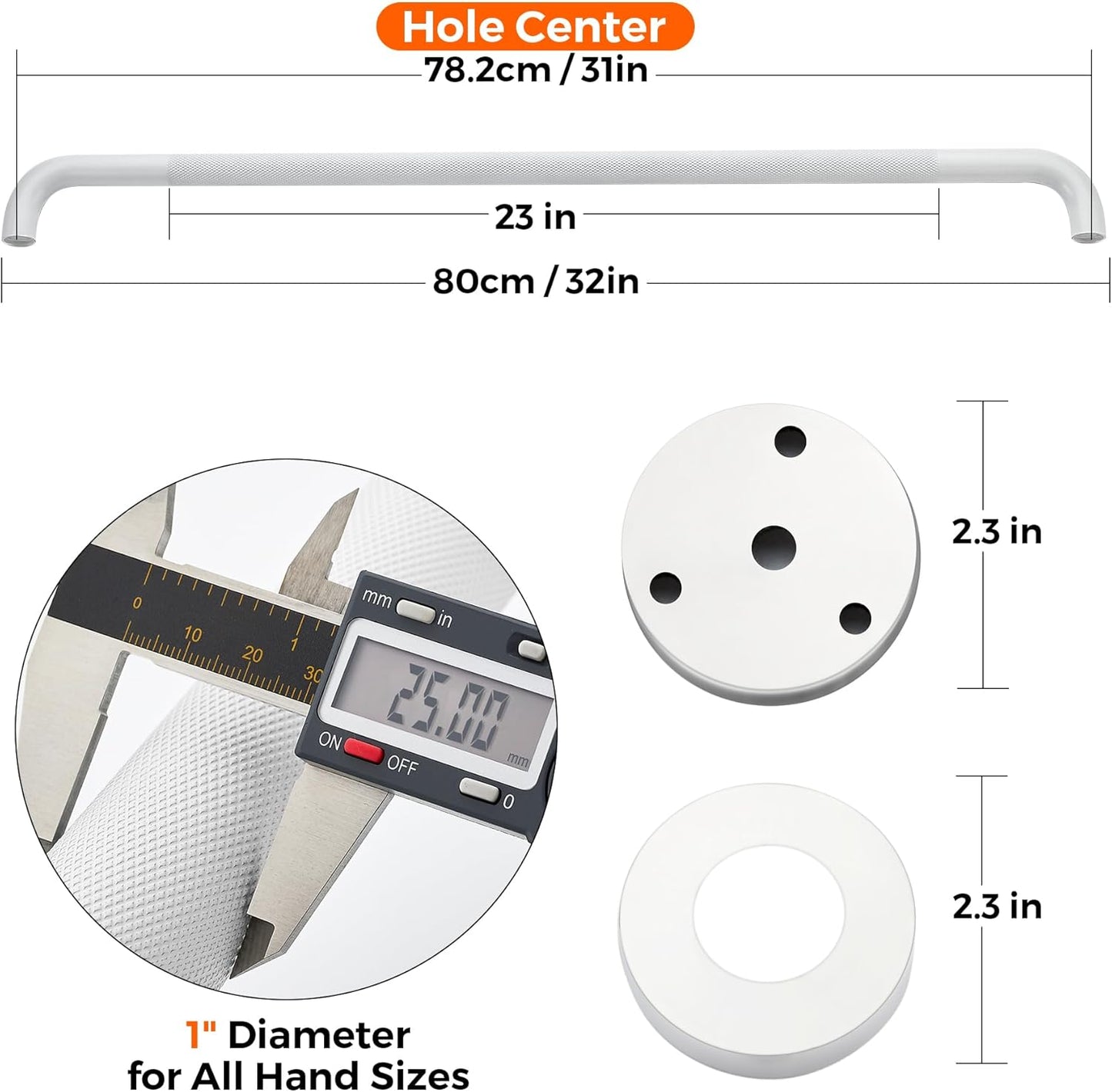 Grab Bars for Shower, 1 Pack 32-Inch Anti Slip Shower Handles for Elderly, Safety Shower Grab Bar, Stainless Steel Handicap Grab Bars for Bathroom (White 1" Diameter)