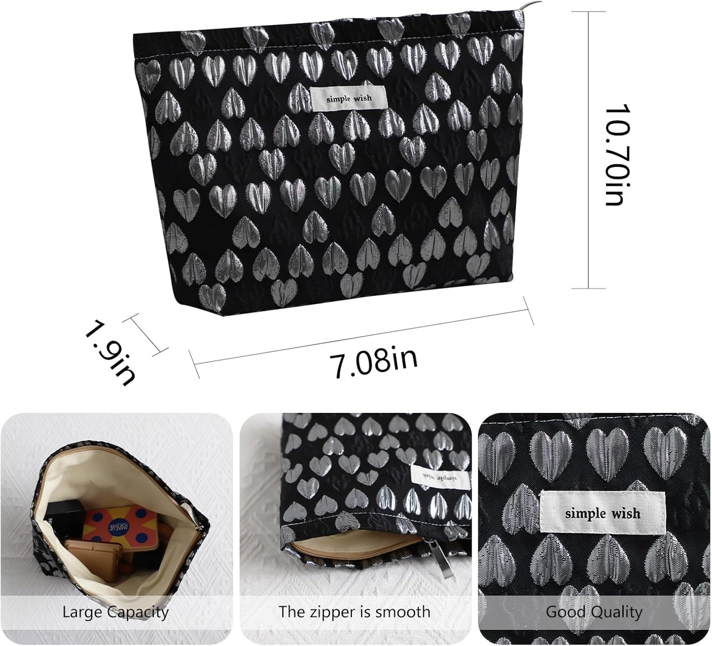 Wudygirl Cute Makeup Bag Cosmetic Bag Travel Cosmetic Pouch for Women Aesthetic Canvas Make up Organizer with Zipper Large Capacity Handbag Pencil Pouch (Black Heart)