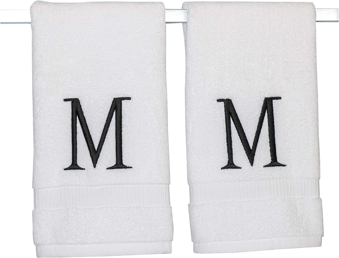 Black Initial Hand Towel for Bathroom - Monogrammed Luxury Hotel Quality Decorative Embroidered Towel for Powder Room, Spa - GOTS Organic Certified - Set of 2 Letter M