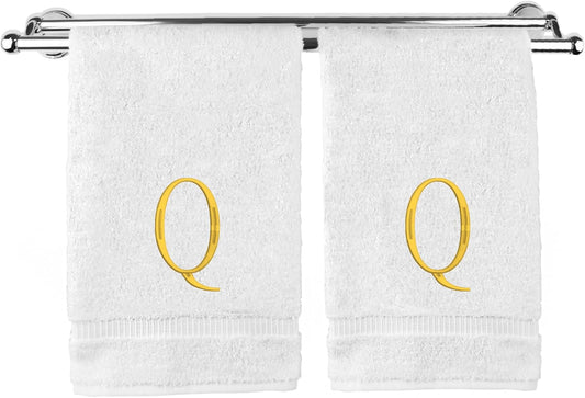 Monogrammed Hand Towel, Personalized Initial Gift, Extra Absorbent 100% Turkish Cotton - Soft Terry Finish - Set of 2 - Gold Block Initial Q - Embroidered on White Towels