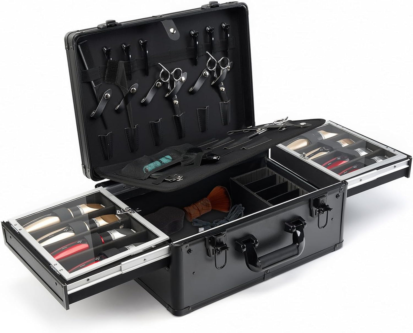 MoyRetty Professional Barber Case with Cap Clear dustproof, Barber Suitcase 6 Clipper Slots & 8 Shear Holders, 17.13" Portable Aluminum Organizer for Hair Stylists & Pet Groomers