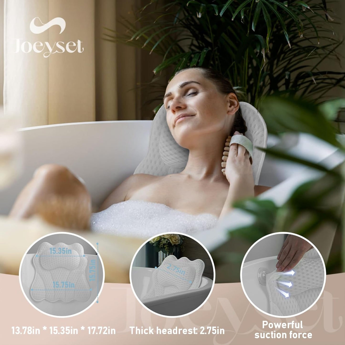 Bath Pillow for Tub, 4D Air Mesh Breathable Fabric, Soft Supportive Bathtub Cushion for Head Neck Back, Ergonomic Spa Pillow with Strong Suction Cups, Quick-Drying, Machine Washable (White)