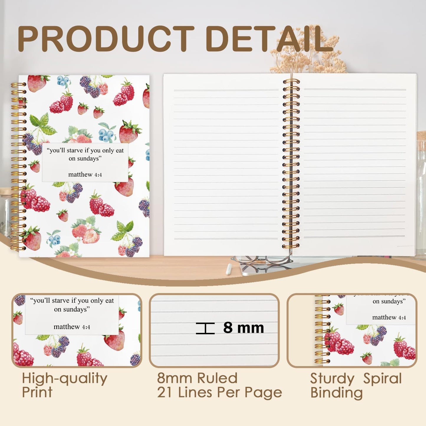 Motivational Fruit Christian Spiral Journal Notebook 5.5x8.3in, You'll Starve If You Only Eat on Sundays Inspirational Bible Prayer Journal, Christian Notebooks for Note Taking