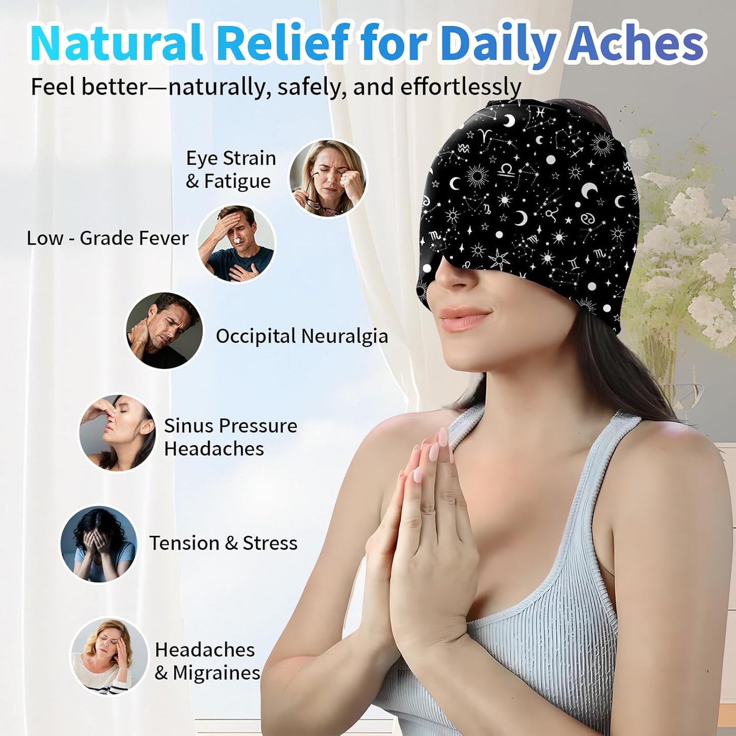 Migraine Relief Cap,Headache Relieve Cap,Black Constellation Pattern Reusable Gel Ice Head Wrap Cap for Tension,Stress,Hangover & Puffy Eyes.