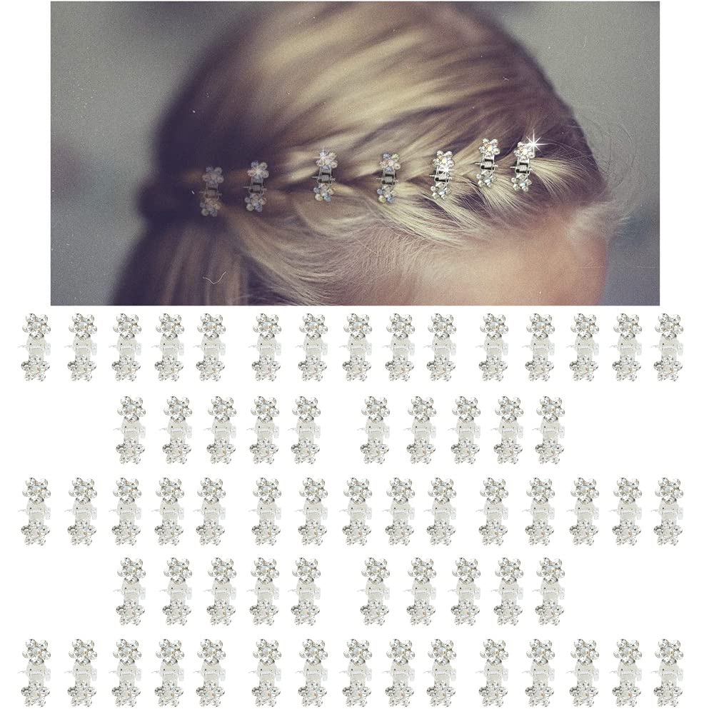 Mini Glitter Teeth Rhinestone Flower Hair Accessories - No-Slip Grip Metal Jaw Clamps in Mix Colors for Girls Women (Silver-White Crystal)