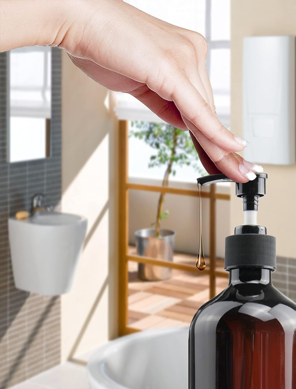 Empty Plastic Bottles with Pump Dispenser and Labels Included, Refillable Travel Containers for Hand sanitizer Shampoo Lotion, etc - BPA/Paraben Free, 500ml/16.9oz (Amber, 4 Pack)