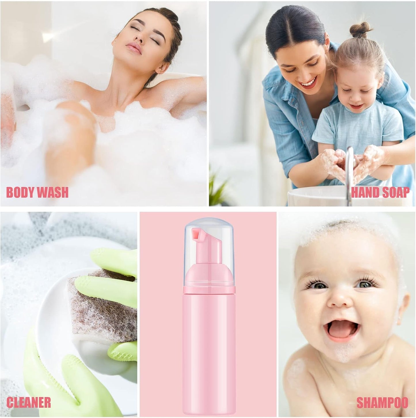 Lil Ray 2 Oz Empty Pink Foam Pump Bottle, Travel Foamer Soap Dispenser for Lash Shampoo, Hand Soap, Foaming Cleaner(Pink Pump, 12 PCS)