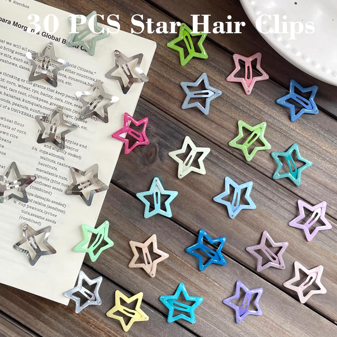 30 PCS 1.22" Sparkling Stars Hair Clips Snap Non Slip Clips for Girls Women Multicolor Metal Clip Star Hair Barrettes Star Hair Clips for Women