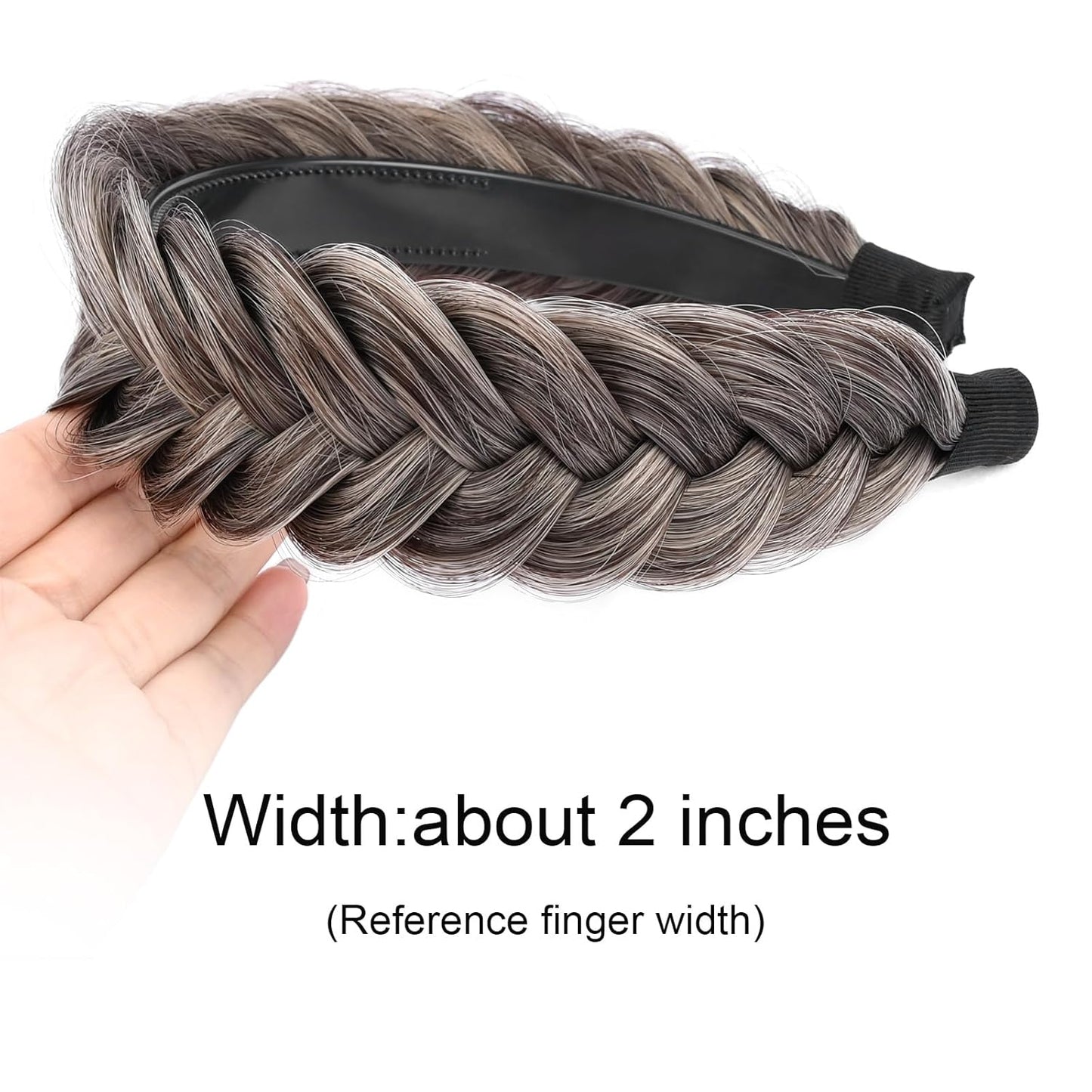 DIGUAN Wide Messy Braided Headband With Teeth Synthetic Hair Plaited Headband High Elasticity Braids Chunky Fishtail Braided Hair Band Hairpiece for Girls Women Beauty Accessory (Gray Brown)