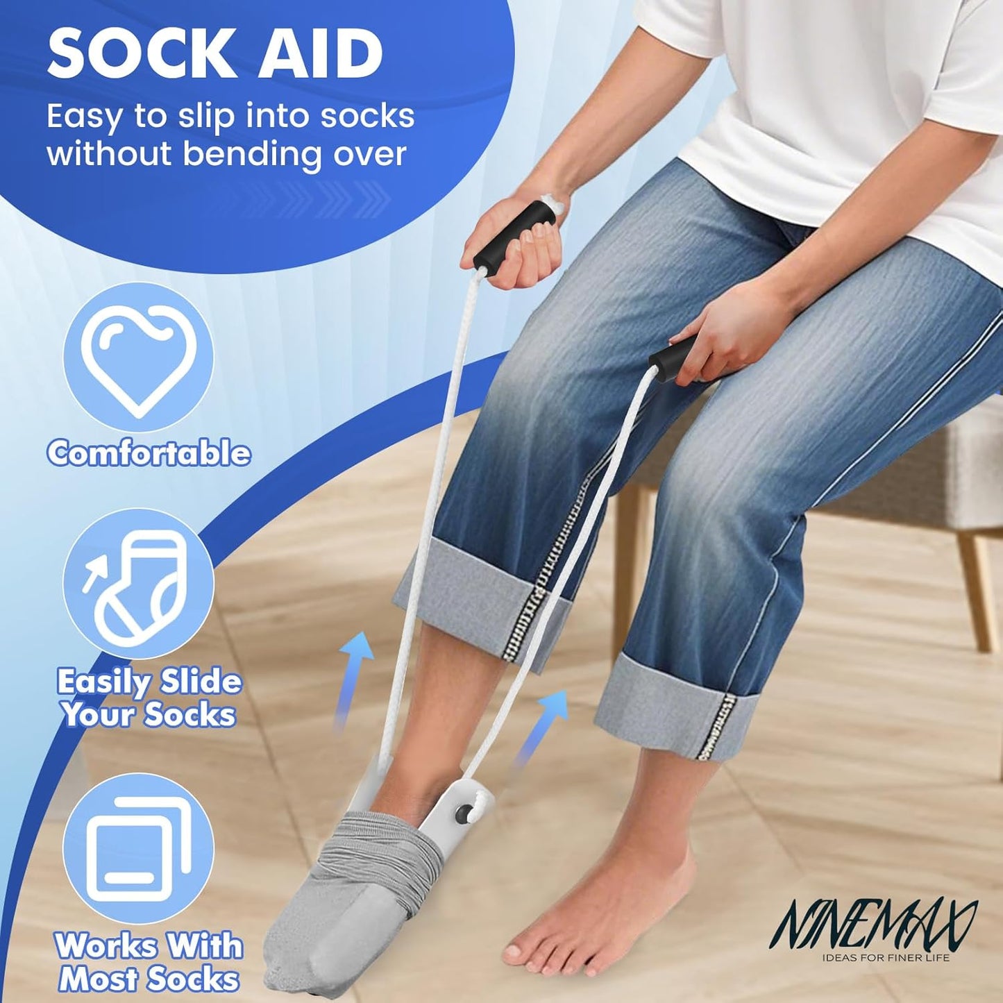 NINEMAX Sock Aids for Putting On Socks, Easy On Helper Assist Device for Seniors Elderly Disabled Diabetics, Slider Puller with Foam Handle No Bending