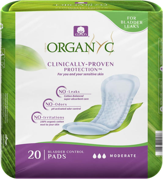 Organyc - 100% Organic Cotton Inside and Out Incontinence Pads for Bladder Leaks - Certified Odor Control, FSA/HSA Eligible, Moderate Flow, Regular Absorbency, 20 Count…