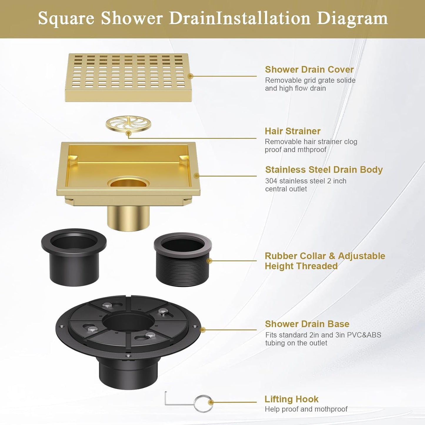 Square Shower Floor Drain with Flange, 4 Inch Brushed Gold Shower Drain Hair Catcher, SUS304 Stainless Steel Floor Drain Strainer, Shower Drain Cover