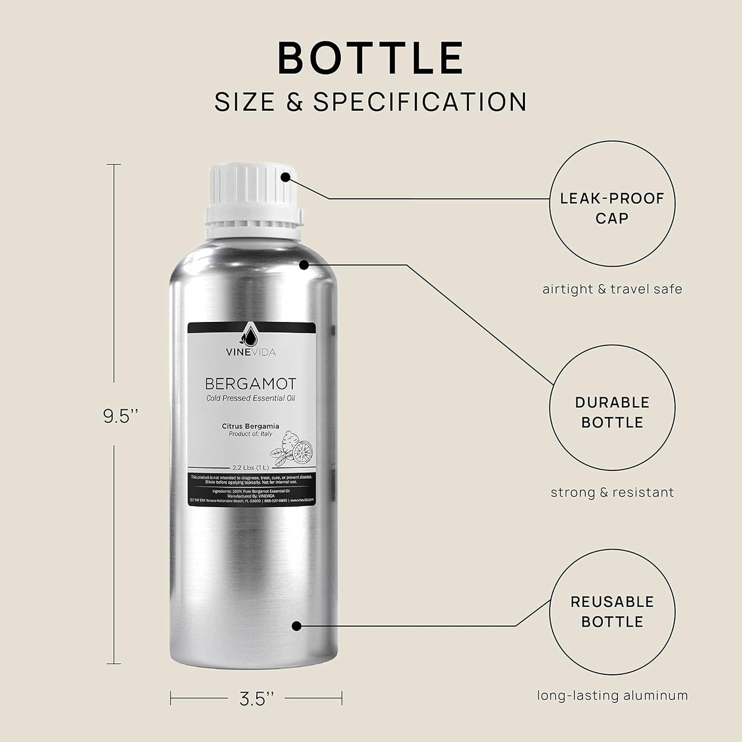 VINEVIDA Bergamot Essential Oil 32 oz - Undiluted, Pure, Vegan, and Sustainable