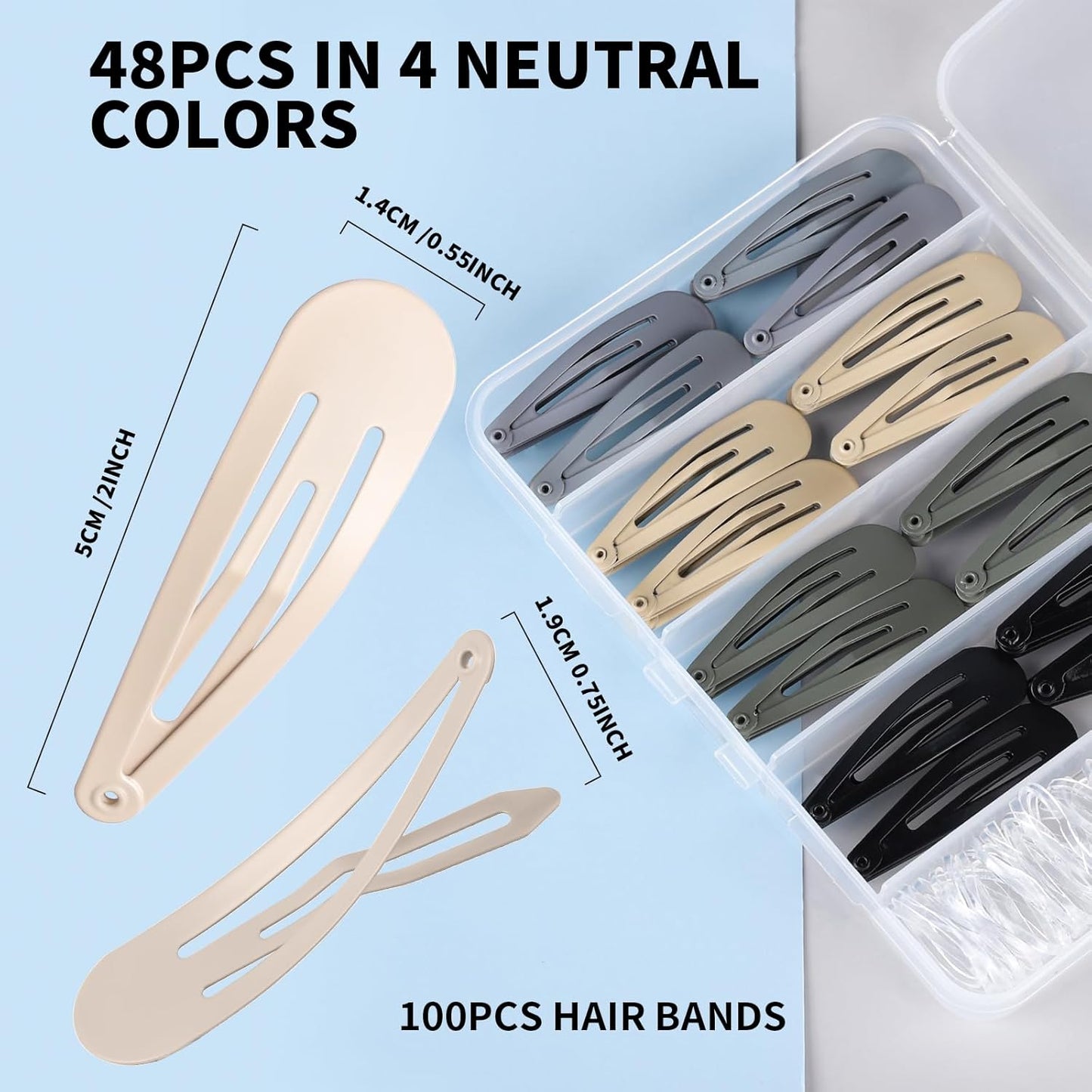 Teenitor Snap Clips, 48pcs Snap Hair Clips Hair Barrettes and 100pcs Clear Hair Bands, Metal Hair clips Barrettes for Women Girls, 2 Inch barrette clips Matte Black Grey Green Taupe