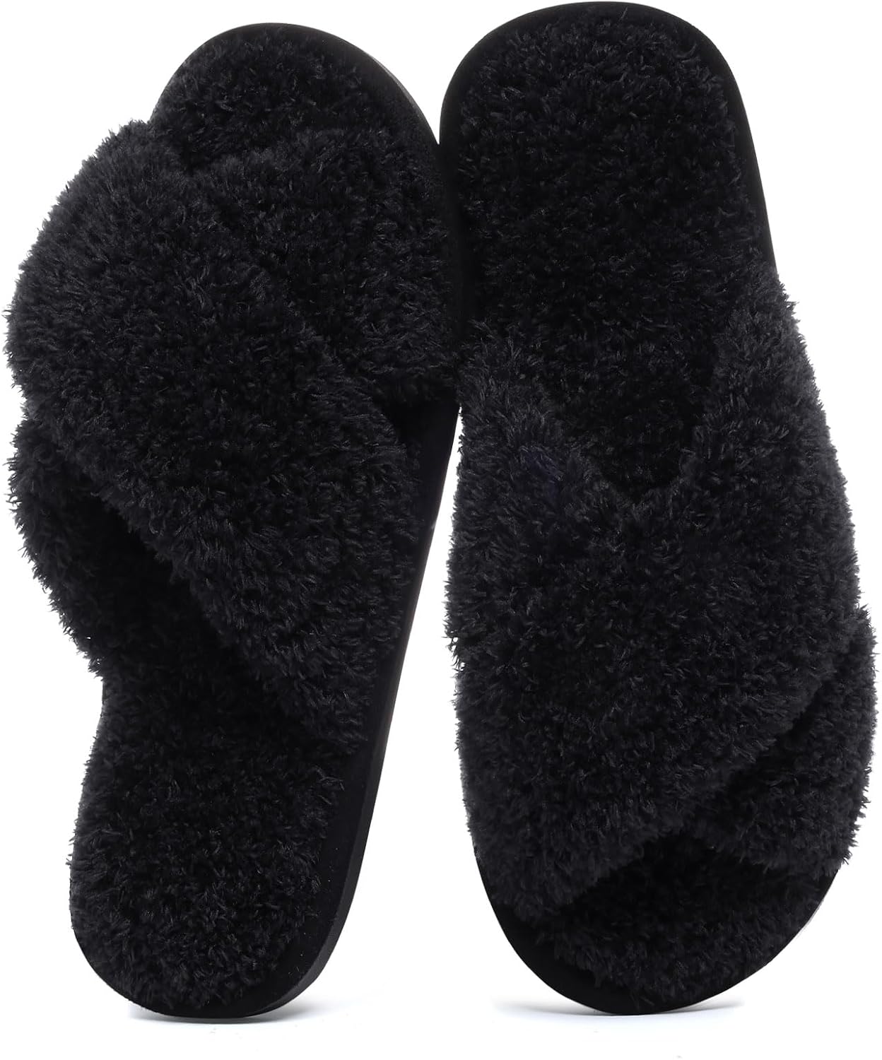 Evshine Women's Fuzzy Slippers Cross Band Memory Foam House Slippers Open Toe