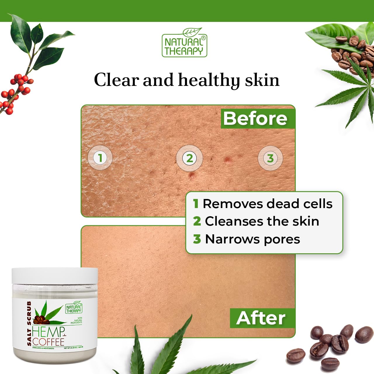 Natural Therapy Hemp & Coffee Salt Scrub – Exfoliating Body Scrub for Women – Moisturizing and Nourishing Skin – with Pure Oils and Dead Sea Minerals (23.28 Oz)