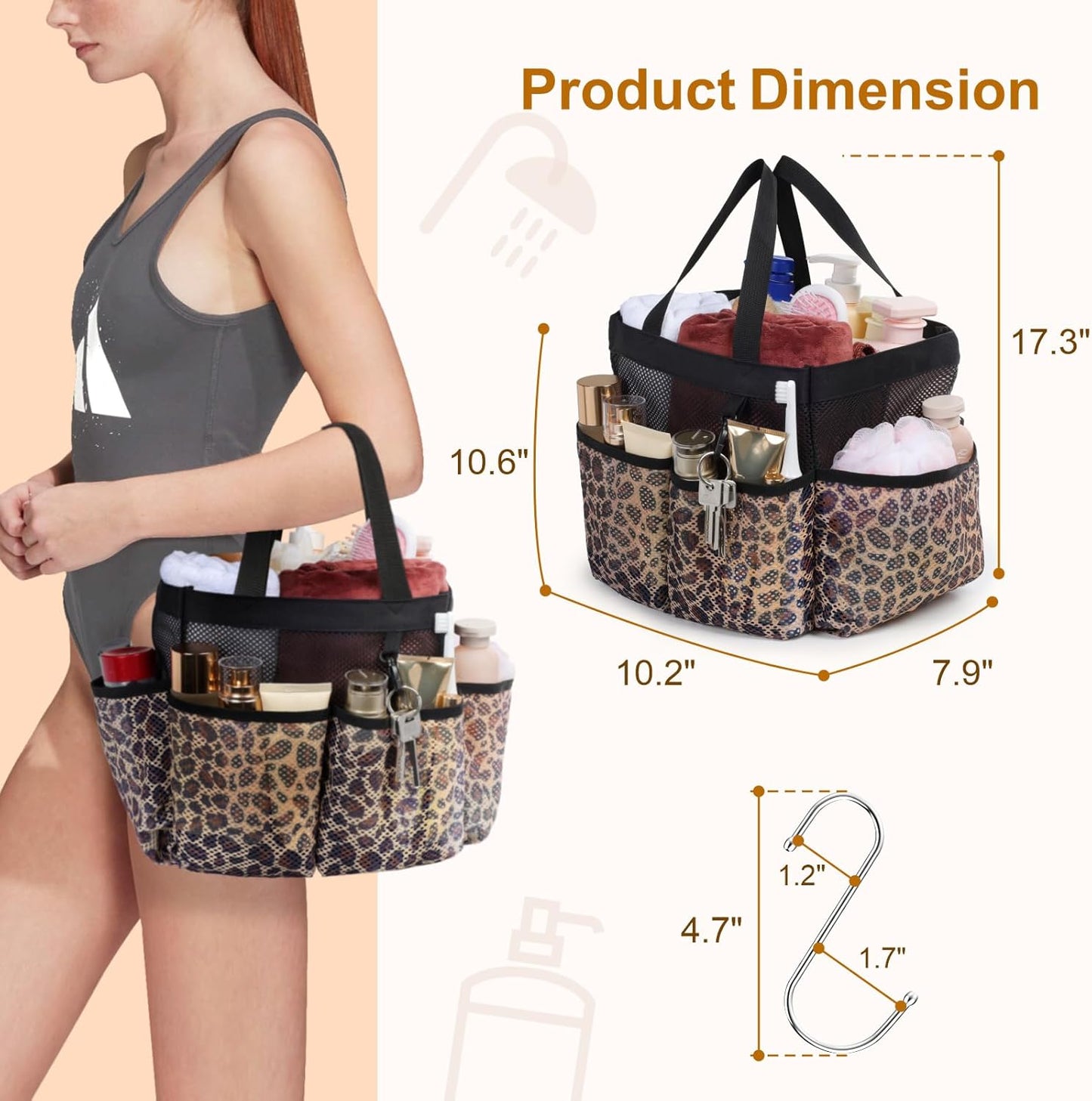 F-color Shower Caddy Portable - Mesh Shower Bag Basket Tote for College Dorm Room Essentials Bathroom Gym Camp Quick Dry for Women Men with S Hook, Leopard