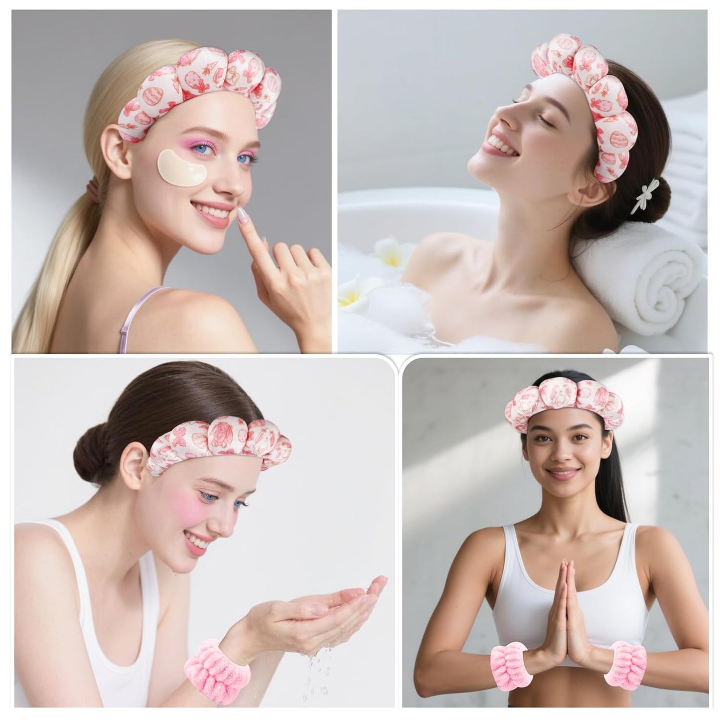 Zkptops Spa Headband for Washing Face Wristband Set Sponge Makeup Skincare Velvet Fabric Bubble Soft Get Ready Hairbands for Women Puffy Headwear Non Slip Thick Thin Hair Accessory(Pink Bow)