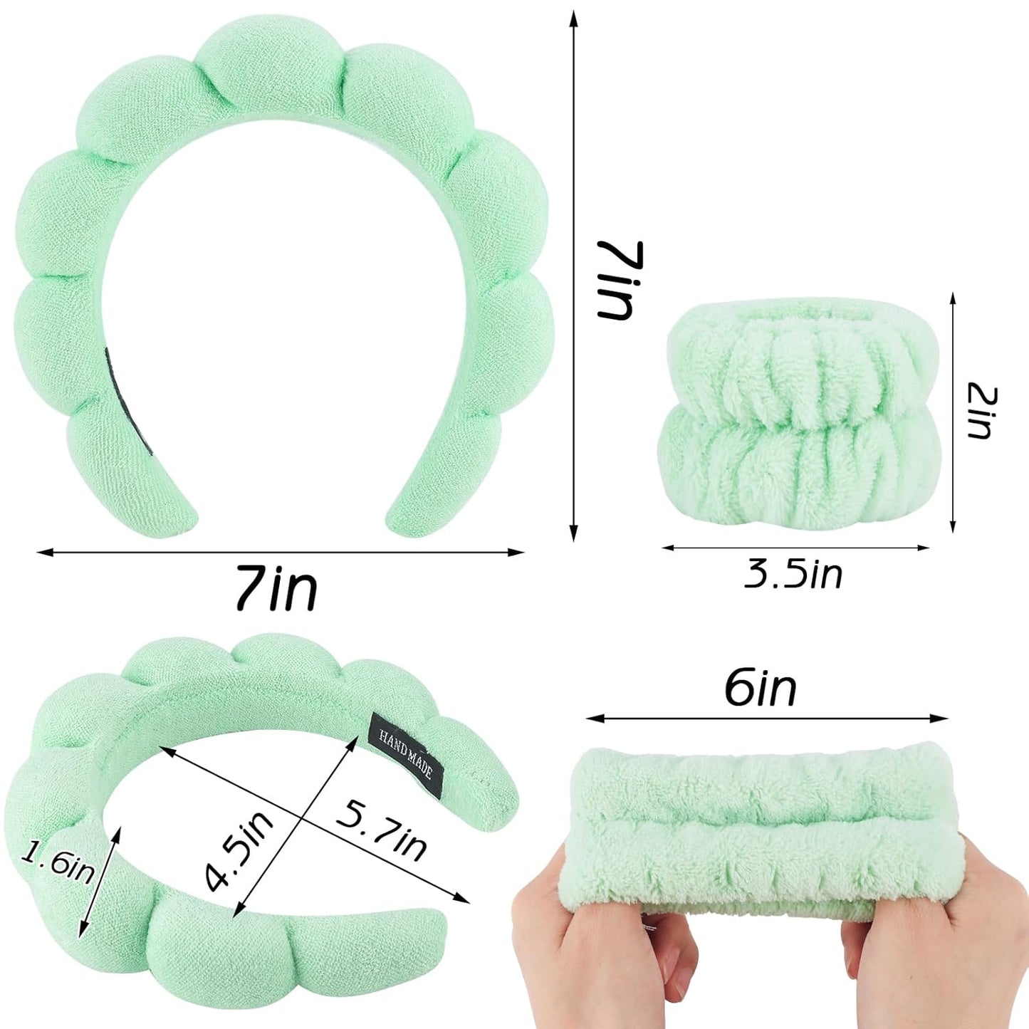 Zkptops 6Pcs Spa Headband for Washing Face Wristbands Set Women Bubble Skincare Makeup Sponge Terry Cloth Padded Puffy Headband Bow Tie Hairband Cute Non Slip Thick Hair Accessory Gifts (Light Green)