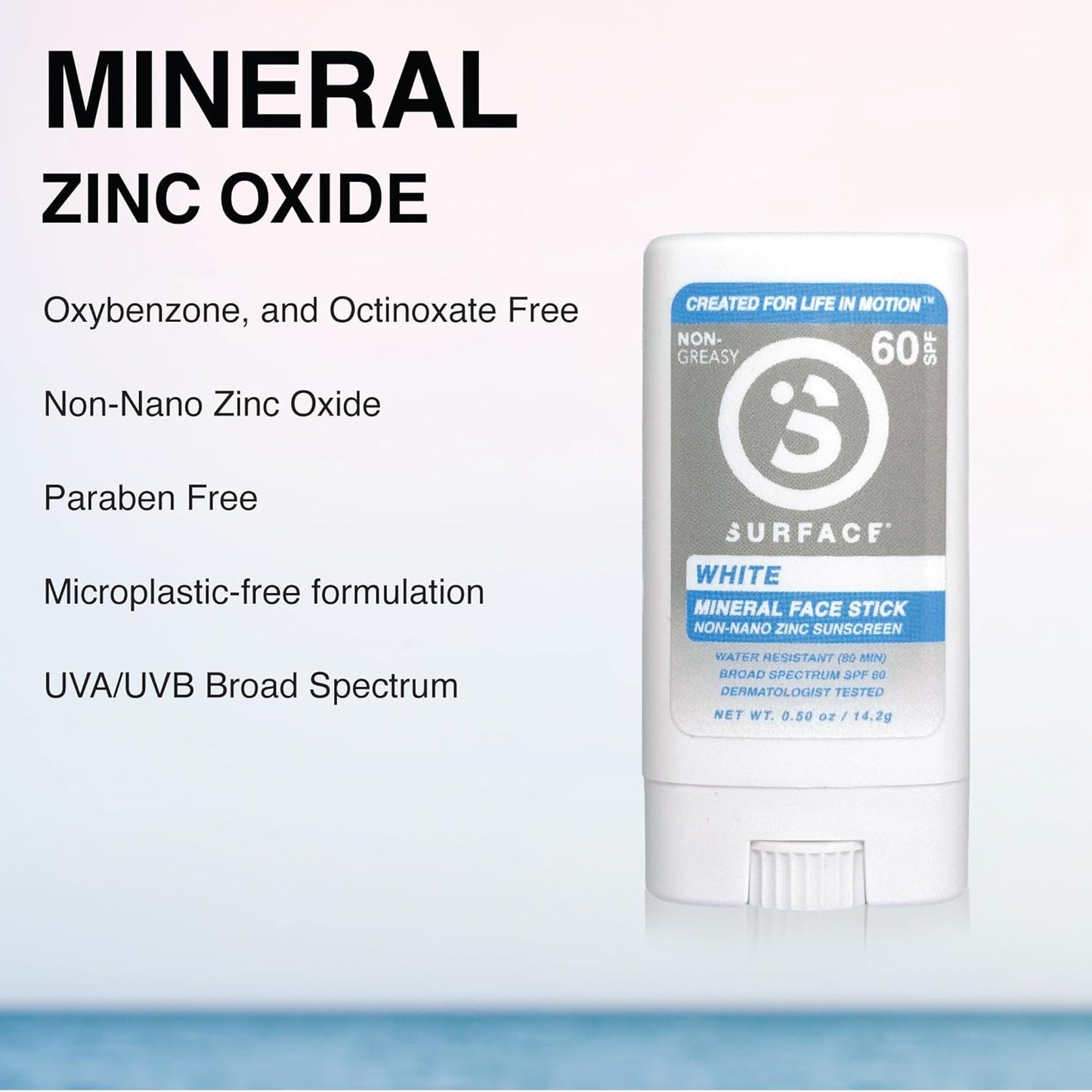 Surface Mineral Sunscreen Face Stick SPF 60, Lightweight Non-Nano Zinc Oxide Formula, Reef Friendly, Broad Spectrum UVA UVB Protection, Water Resistant Sun Care for 80 Minutes, Clear, 0.5oz